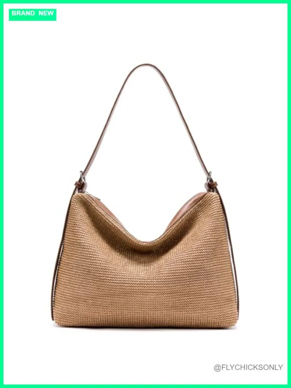 Woven Straw Hobo Bag with PU Leather Trim, Crossbody Shoulder Tote Zipper
